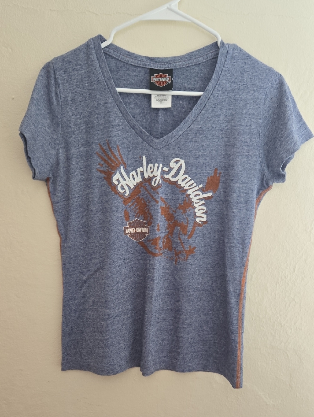 Harley-Davidson Blue Heather V-Neck Tee with Rust Eagle Graphic